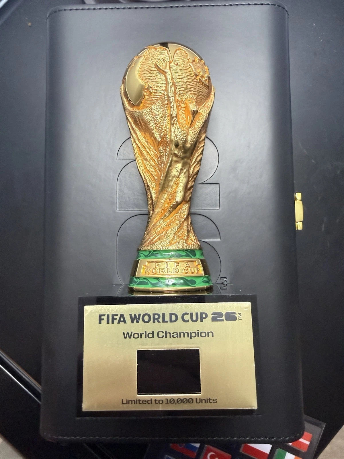 2026 FIFA World Cup 3D Trophy Replica with DIY Champion Flag – Luxury Wood & Leather Display Box Collector Edition 1ST PRODUCTION RUN