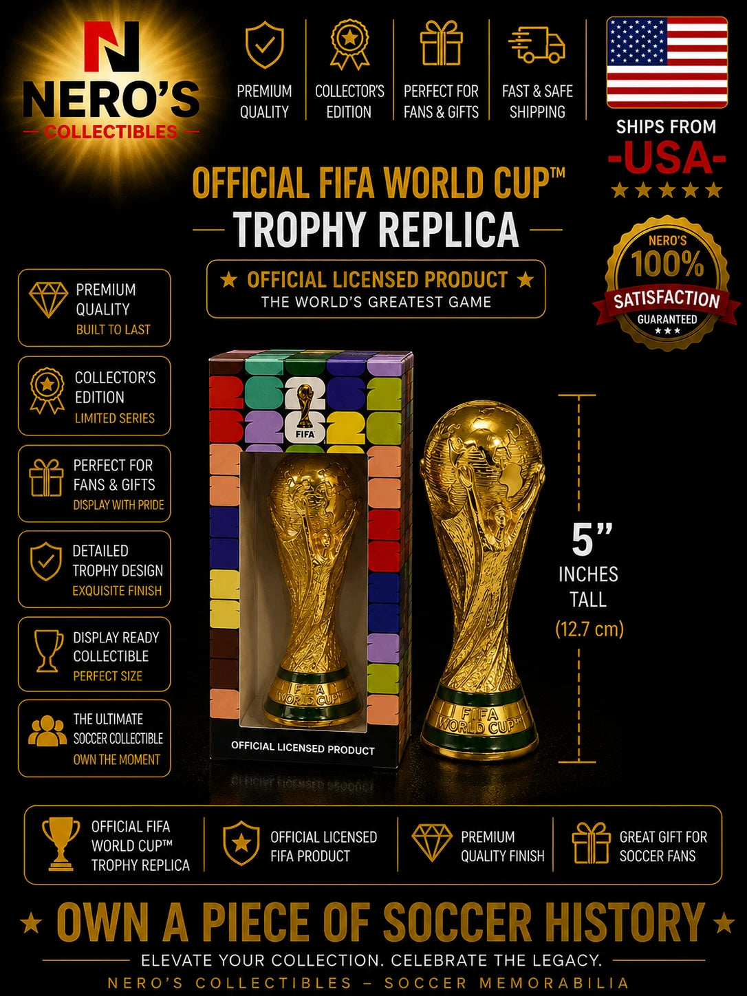 FIFA Officially Licensed World Cup Trophy Replica - Gold - 5.5" 140 mm FREE SHIPPING
