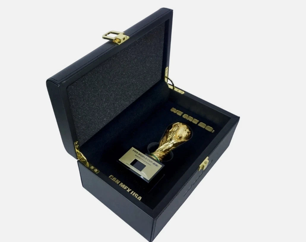 2026 FIFA World Cup 3D Trophy Replica with DIY Champion Flag – Luxury Wood & Leather Display Box Collector Edition 1ST PRODUCTION RUN