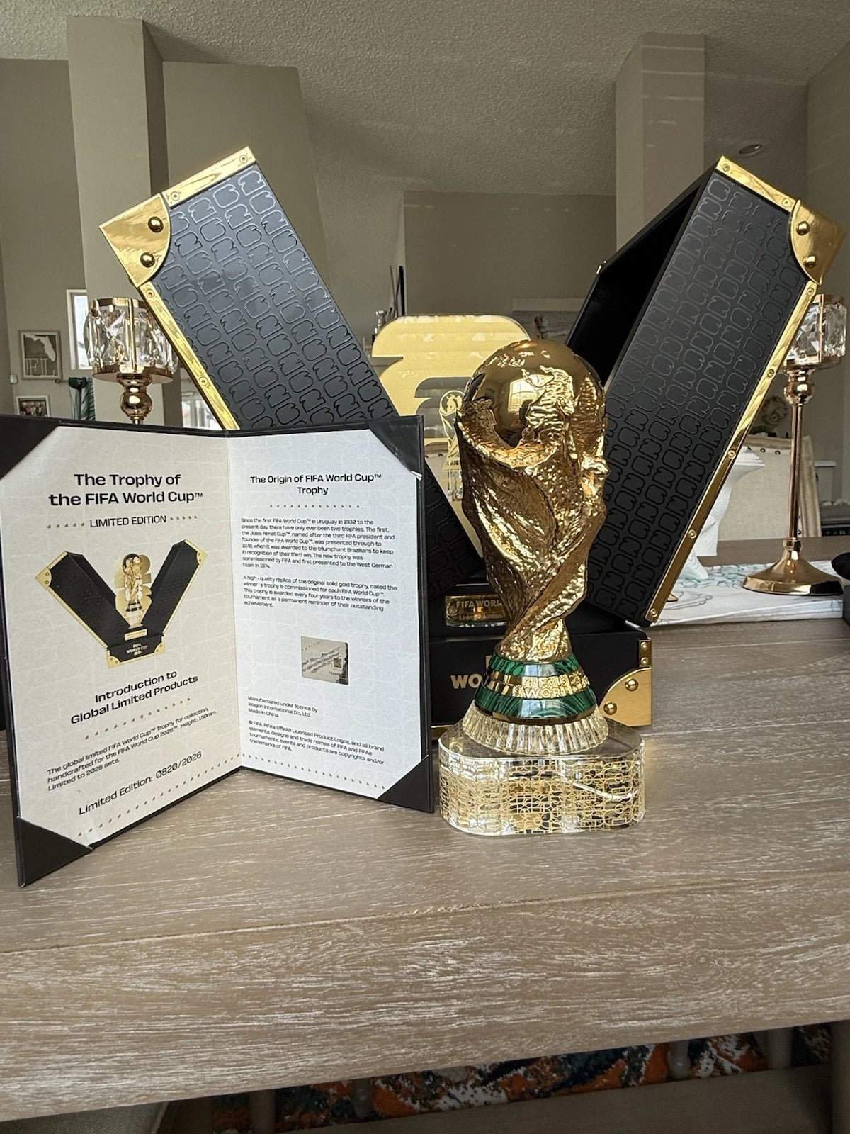 Officially Licensed FIFA World Cup 2026 150mm Premium Trophy Replica – 24K Gold Plated Limited Edition (Only 2,026 Globally) – Unique V-Shape Leather & Wood Display Case – Individually Numbered