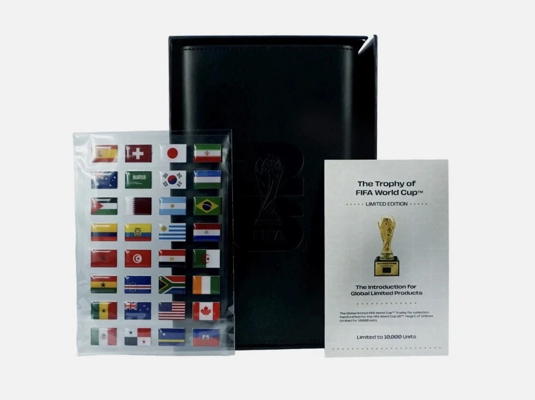 2026 FIFA World Cup 3D Trophy Replica with DIY Champion Flag – Luxury Wood & Leather Display Box Collector Edition 1ST PRODUCTION RUN