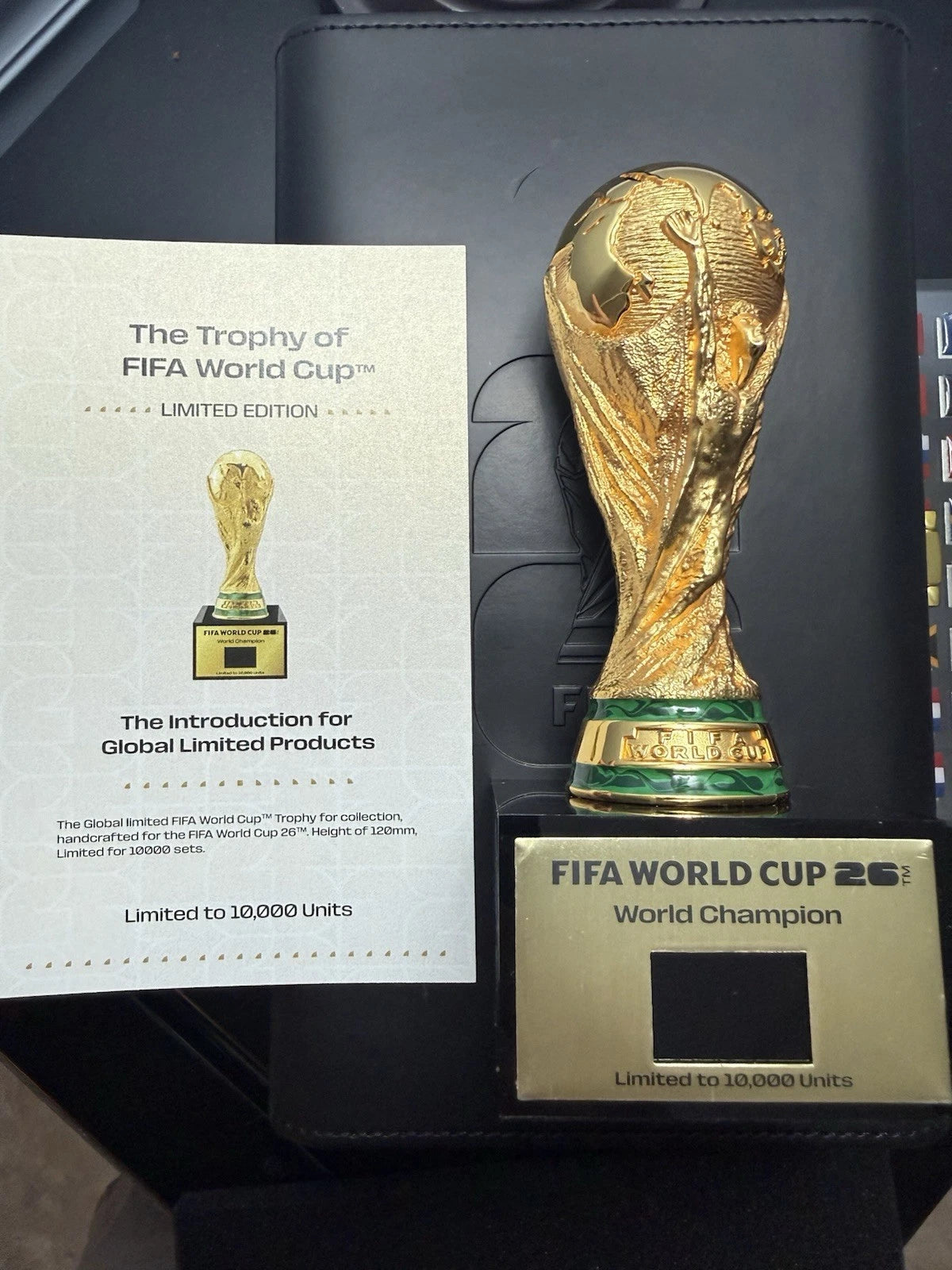 2026 FIFA World Cup 3D Trophy Replica with DIY Champion Flag – Luxury Wood & Leather Display Box Collector Edition 1ST PRODUCTION RUN