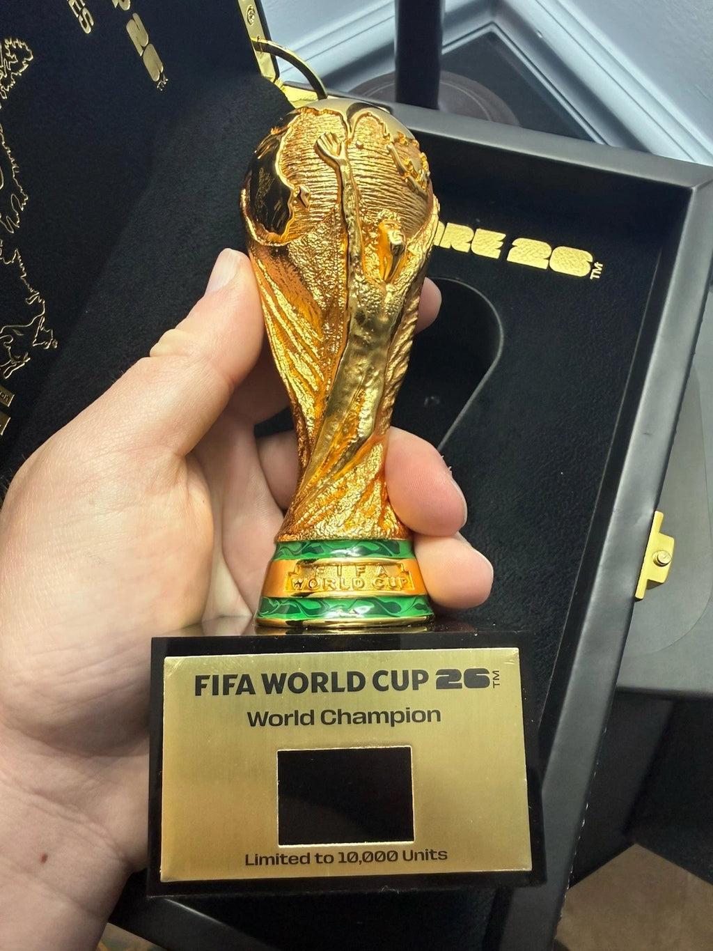 2026 FIFA World Cup 3D Trophy Replica with DIY Champion Flag – Luxury Wood & Leather Display Box Collector Edition 1ST PRODUCTION RUN
