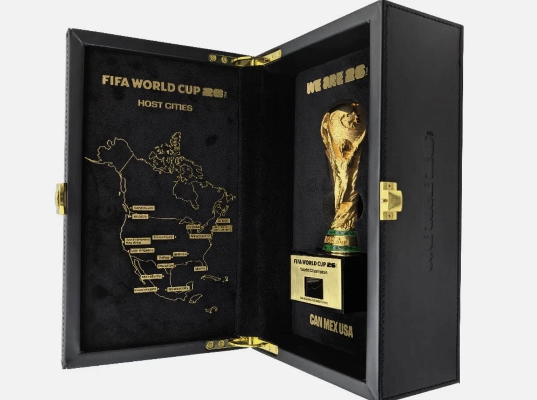 2026 FIFA World Cup 3D Trophy Replica with DIY Champion Flag – Luxury Wood & Leather Display Box Collector Edition 1ST PRODUCTION RUN