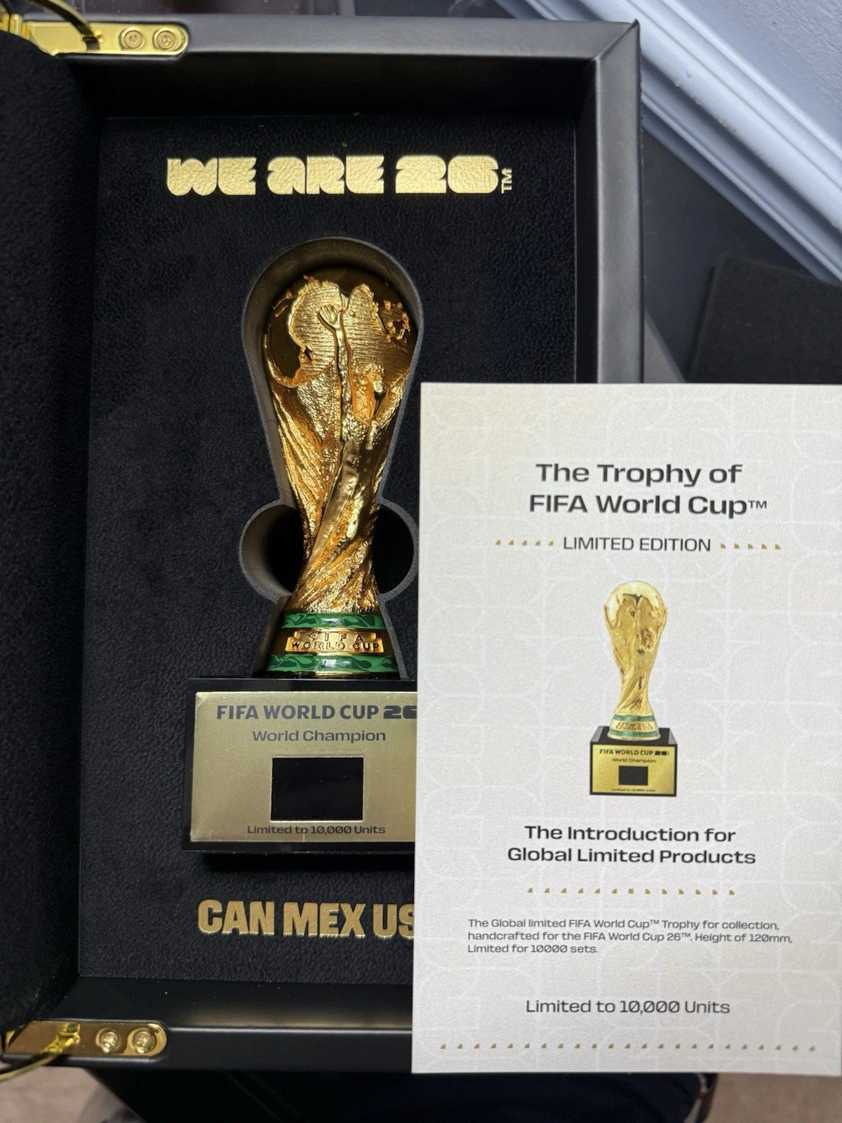 2026 FIFA World Cup 3D Trophy Replica with DIY Champion Flag – Luxury Wood & Leather Display Box Collector Edition 1ST PRODUCTION RUN