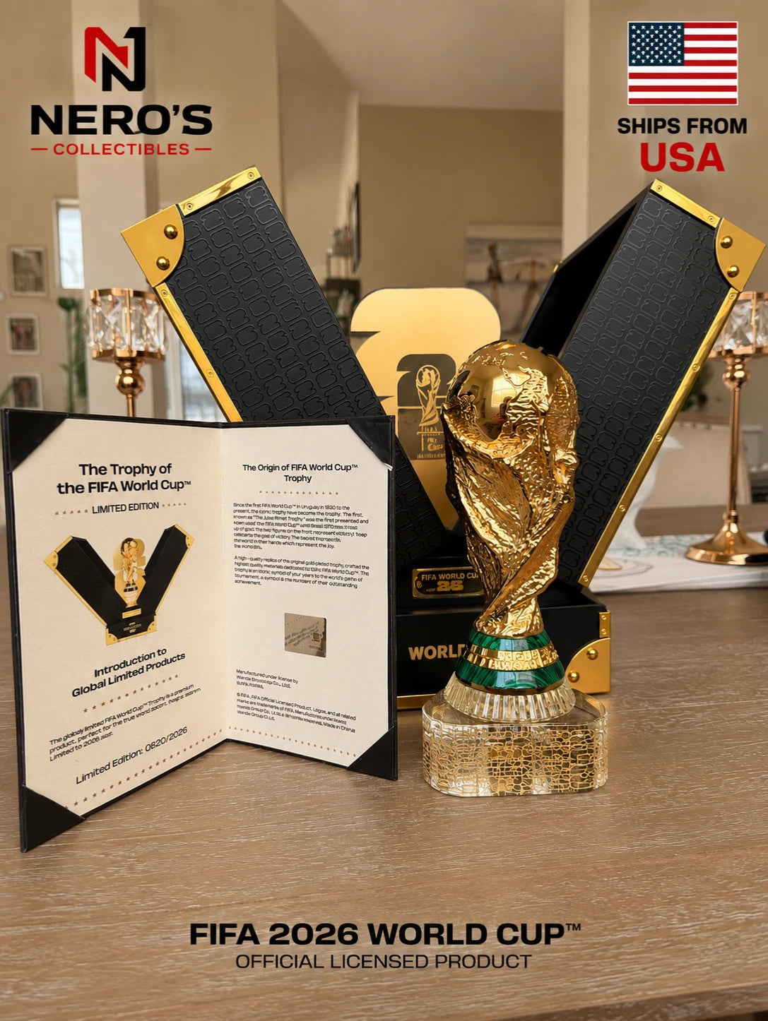 Officially Licensed FIFA World Cup 2026 150mm Premium Trophy Replica – 24K Gold Plated Limited Edition (Only 2,026 Globally) – Unique V-Shape Leather & Wood Display Case – Individually Numbered